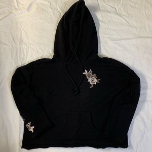 Black Cropped Hoodie with Embroidered Details